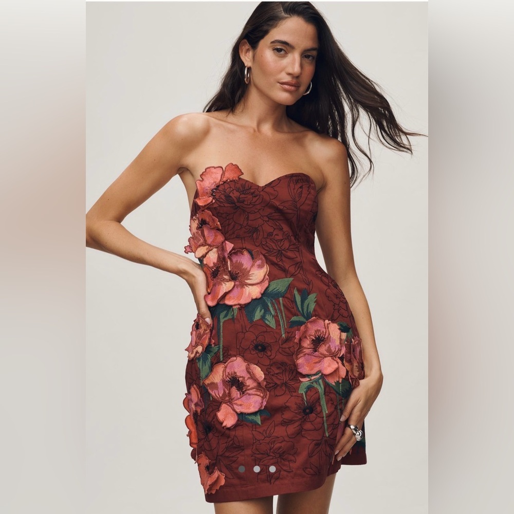 Anthropologie embellished sweetheart floral red mini dress